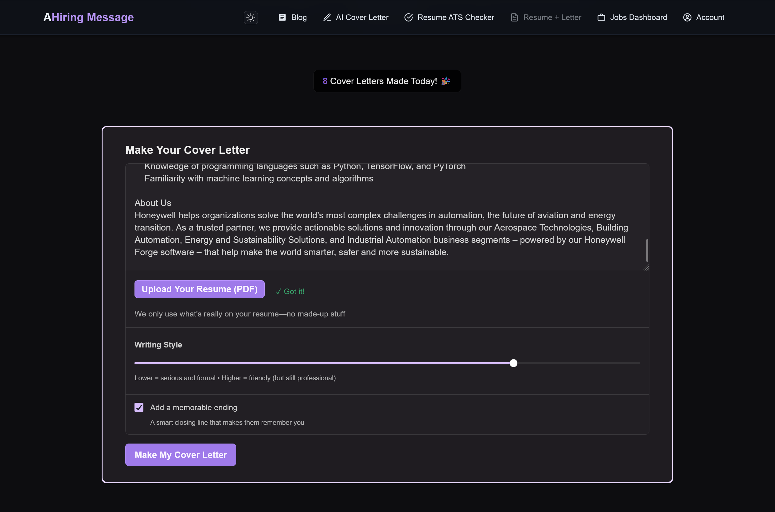 Cover Letter Generator Interface